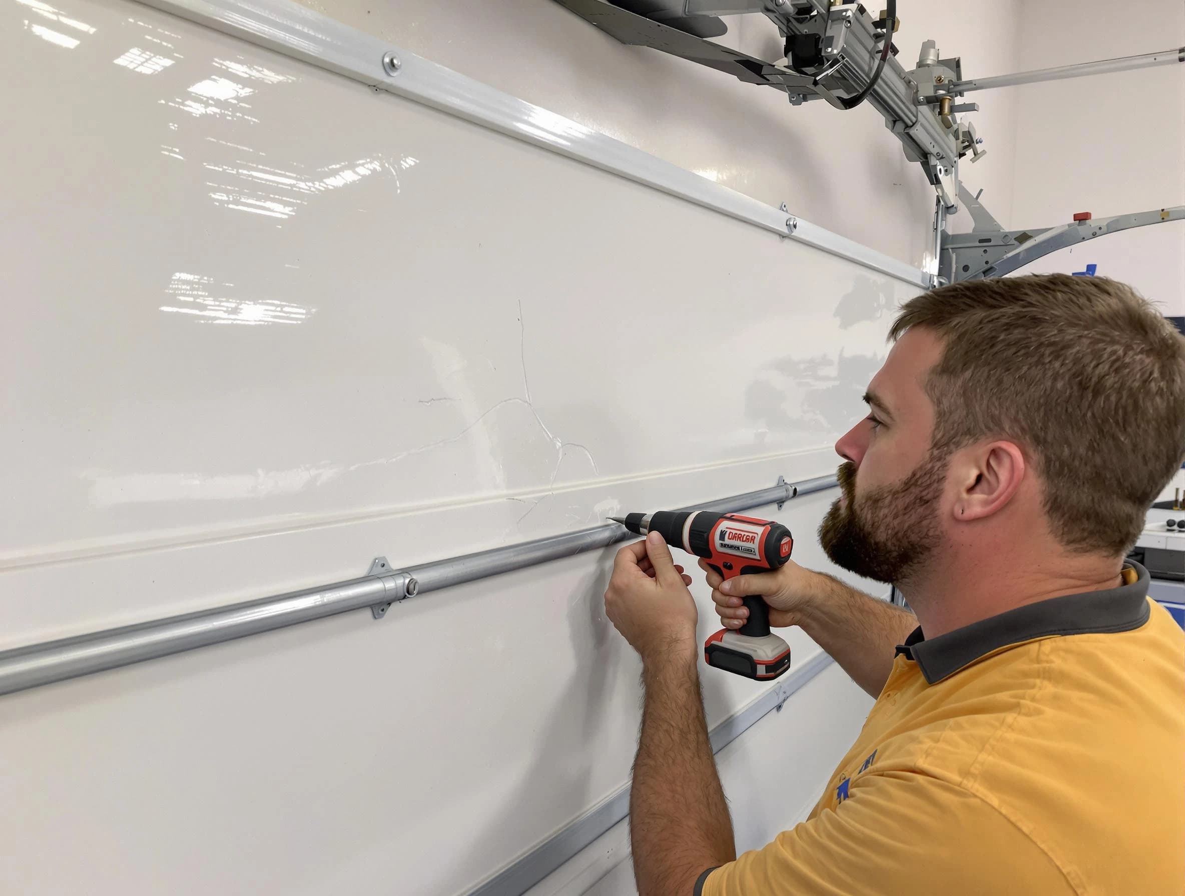 Wellesley Garage Door Repair expert performing dent repair on garage door in Wellesley