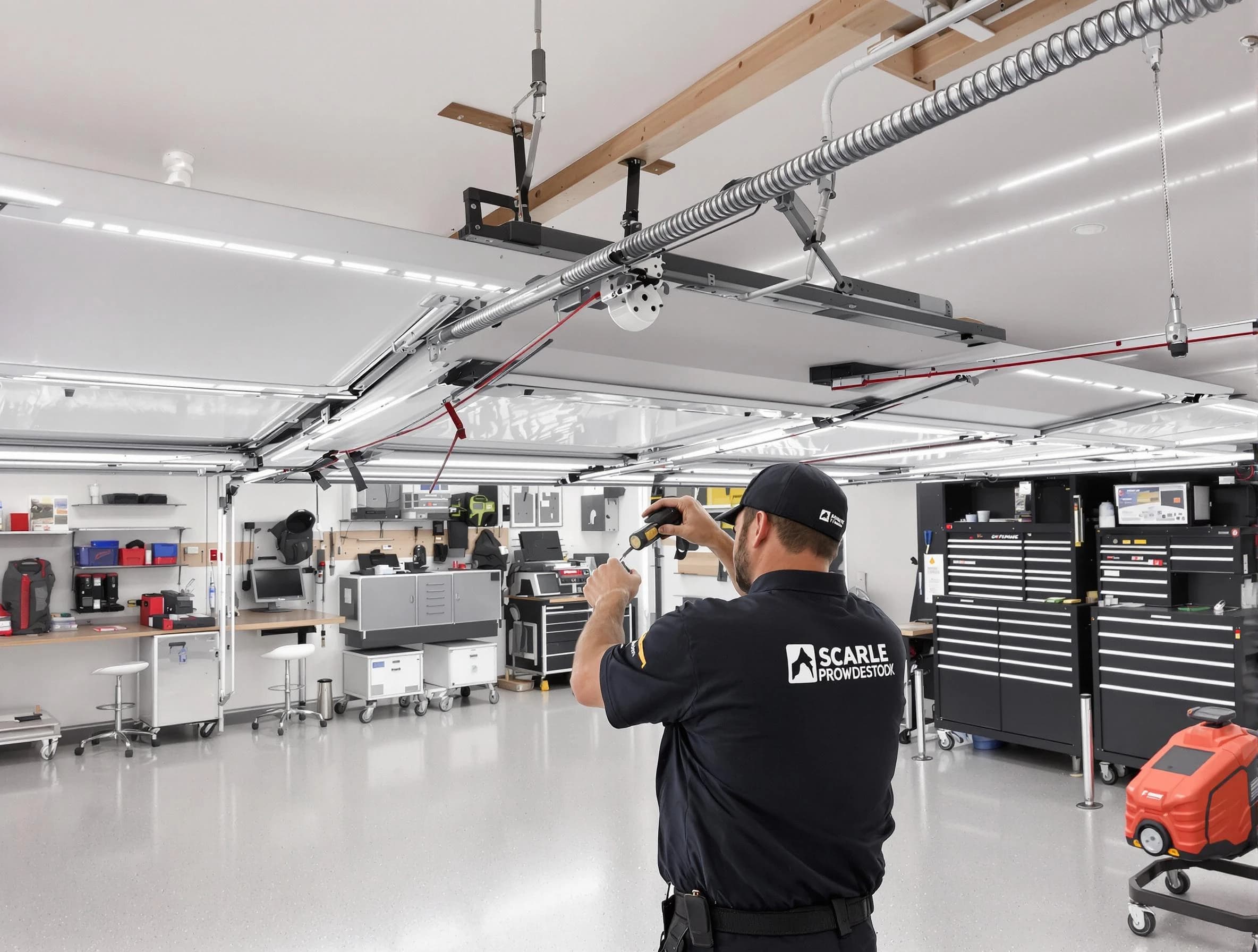 Wellesley Garage Door Repair technician repairing overhead garage door in Wellesley